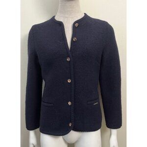 VINTAGE GEIGER NAVY BLUE 3/4 SLEEVE WOOL CARDIGAN JACKET XS